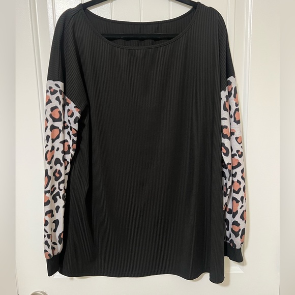 Black and Animal Print Light Weight Long Sleeve Blouse - Picture 1 of 3
